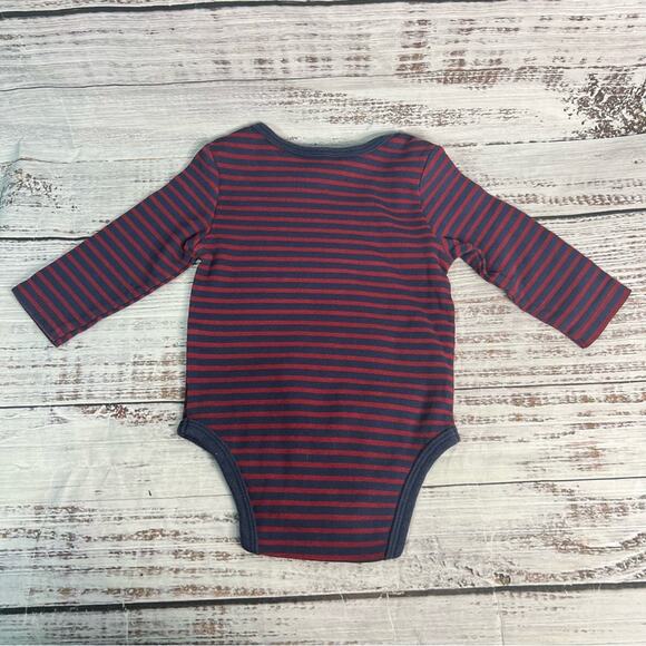 Baby Guess Long Sleeve Bodysuit 6-9 Months Navy Maroon Stripes Triangle Logo - Picture 5 of 11